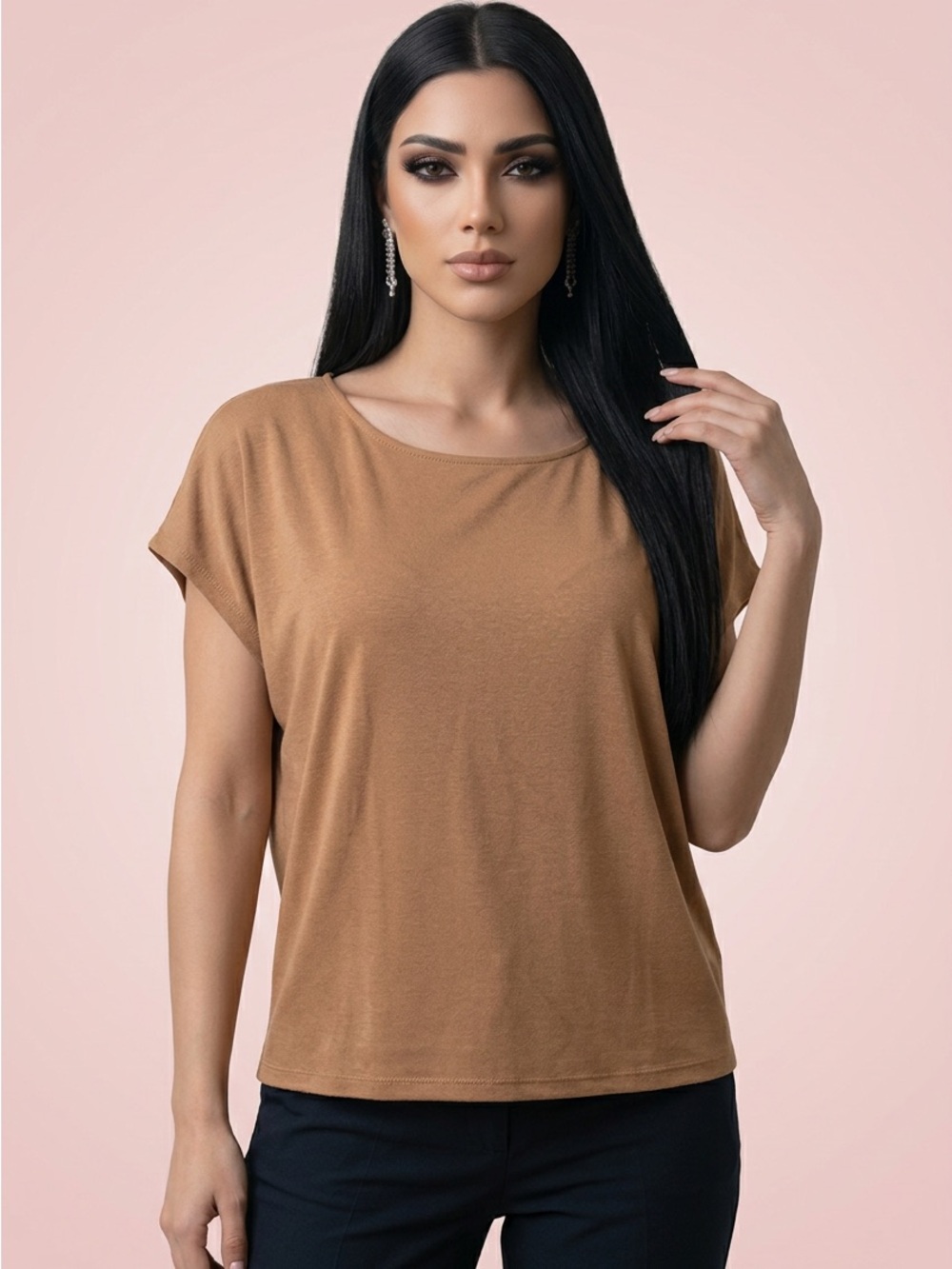 Ann Taylor Factory Gold Camel Short Cap Sleeve Crewneck Rayon Top Tee Shirt-M